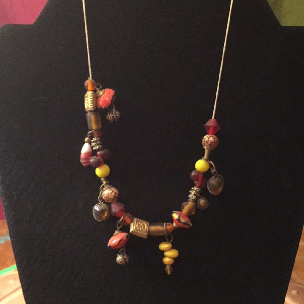 Red, yellow, and brown beaded necklace